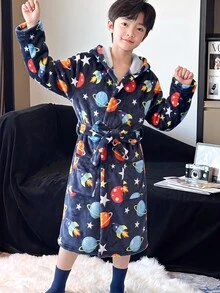 SHEIN 兒童青少年男孩秋冬款可愛太空行星圖案連帽居家服睡袍睡衣，柔軟親膚法蘭絨 - 藍色 - 查看 4