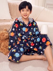 SHEIN 兒童青少年男孩秋冬款可愛太空行星圖案連帽居家服睡袍睡衣，柔軟親膚法蘭絨 - 藍色 - 查看 3