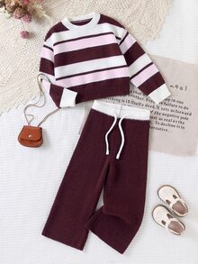 SHEIN Young Girls Colorblock Striped Sweater & Knitted Pants Set - Burgundy - View 8