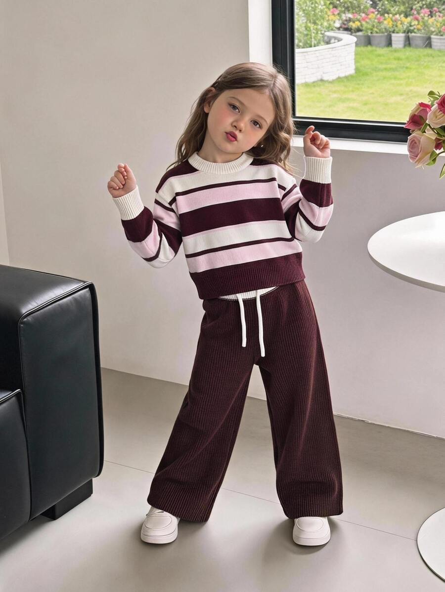 SHEIN Young Girls Colorblock Striped Sweater & Knitted Pants Set - Burgundy - View 1