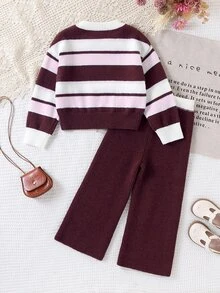 SHEIN Young Girls Colorblock Striped Sweater & Knitted Pants Set - Burgundy - View 2
