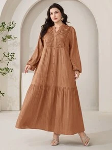 Al Najma 大尺碼女款缺口V領休閒端莊Ninang派對早晨婚禮阿拉伯風洋裝 棕色 秋季 - 棕色 - 查看 5