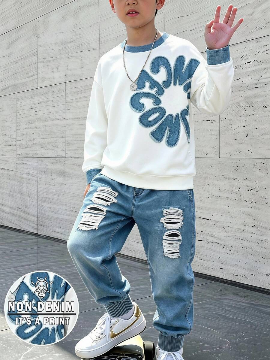 Tween Boys Casual Athletic Streetwear Graphic Minimalist Raw Edge Letter Floral Print Sweatshirt Sweatpants 2 Pieces Set White Light Blue School Fall - Multicolor - View 1