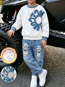 Tween Boys Casual Athletic Streetwear Graphic Minimalist Raw Edge Letter Floral Print Sweatshirt Sweatpants 2 Pieces Set White Light Blue School Fall - Multicolor - View 6