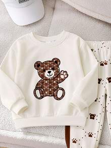 2pcs Autumn/Winter Toddler Bear Print Colorblock Crew Neck Thick Fleece Sweatshirt And Matching Colorblock Plaid Cuffed Long Pants Casual Set - Multicolor - View 4