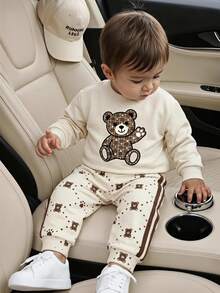 2pcs Autumn/Winter Toddler Bear Print Colorblock Crew Neck Thick Fleece Sweatshirt And Matching Colorblock Plaid Cuffed Long Pants Casual Set - Multicolor - View 1