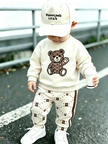 2pcs Autumn/Winter Toddler Bear Print Colorblock Crew Neck Thick Fleece Sweatshirt And Matching Colorblock Plaid Cuffed Long Pants Casual Set - Multicolor - View 5