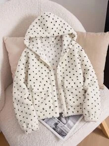 SHEIN Tween女孩秋冬日常休閒度假保暖內裡加厚雙面泰迪絨復古黑白波點連帽多口袋寬鬆長袖拉鍊外套夾克女童外套米色復古夾克 - 粉色 - 查看 7