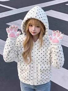 SHEIN Tween女孩秋冬日常休閒度假保暖內裡加厚雙面泰迪絨復古黑白波點連帽多口袋寬鬆長袖拉鍊外套夾克女童外套米色復古夾克 - 粉色 - 查看 1