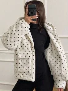 SHEIN Tween女孩秋冬日常休閒度假保暖內裡加厚雙面泰迪絨復古黑白波點連帽多口袋寬鬆長袖拉鍊外套夾克女童外套米色復古夾克 - 粉色 - 查看 6