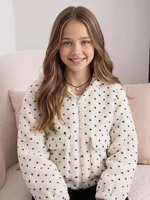 SHEIN Tween女孩秋冬日常休閒度假保暖內裡加厚雙面泰迪絨復古黑白波點連帽多口袋寬鬆長袖拉鍊外套夾克女童外套米色復古夾克 - 粉色 - 查看 8