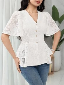 Feyla Women's V-Neck Single-Breasted Ruffle Short Sleeve Elegant Romantic Blouse Formal Brunch High Tea Day Party Dinner Date White Floral Summer Wedding - White - View 4