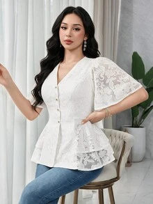 Feyla Women's V-Neck Single-Breasted Ruffle Short Sleeve Elegant Romantic Blouse Formal Brunch High Tea Day Party Dinner Date White Floral Summer Wedding - White - View 1