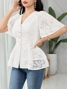 Feyla Women's V-Neck Single-Breasted Ruffle Short Sleeve Elegant Romantic Blouse Formal Brunch High Tea Day Party Dinner Date White Floral Summer Wedding - White - View 7