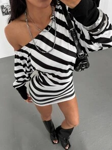 StreetHx Asymmetrical Neck Black And White Striped Batwing Sleeve Bodycon Sexy Kidcore Dress Going Out Club Fall - Black and White - View 3
