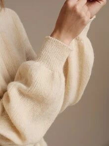 Anewsta Essential Elegant French Minimalist Drop Shoulder Lantern Sleeve Pullover Knit White Women's Sweater Office Home Brunch Fall/Winter - White - View 7