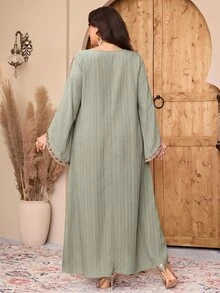 Al Najma 大尺碼女款蕾絲荷葉邊休閒 Ninang 莊重風夏威夷派對婚禮埃及度假杜拜家庭洗禮賓客阿拉伯長裙 鼠尾草綠 秋季 - 綠色 - 查看 2