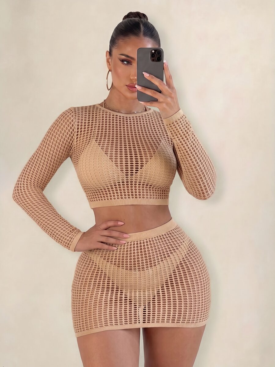 Sirith 2pcs Women Solid Color Sexy Hollow Out Tight Mesh Cover Up - Khaki - View 1