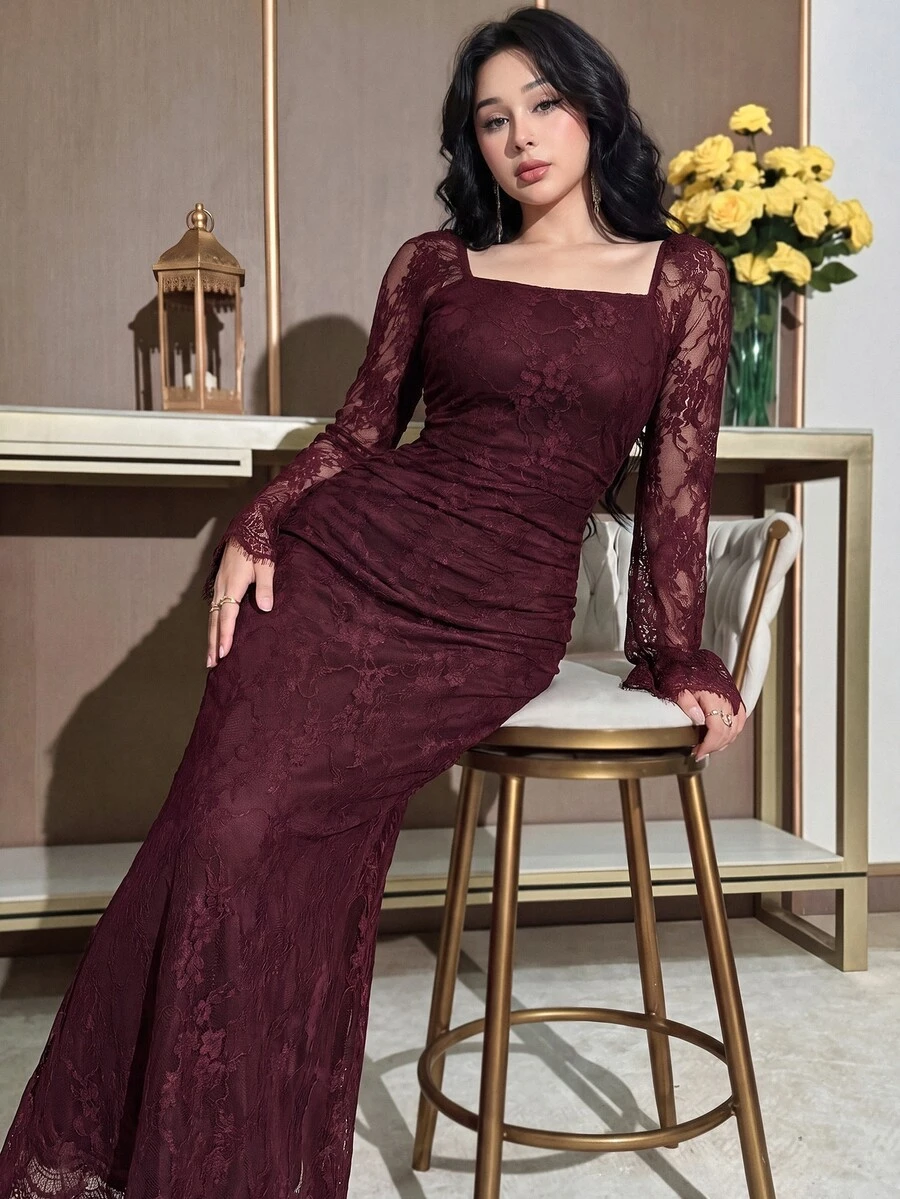 Feyla 女款優雅派對純色蕾絲洋裝 - 中紫紅色 - 查看 1