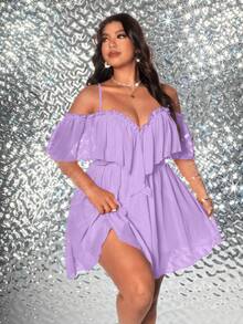 Viva Relle Plus Size Women's Solid Color Off-Shoulder Elegant Ruffled Hem Dress - Mauve Purple - View 5