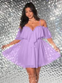 Viva Relle Plus Size Women's Solid Color Off-Shoulder Elegant Ruffled Hem Dress - Mauve Purple - View 1