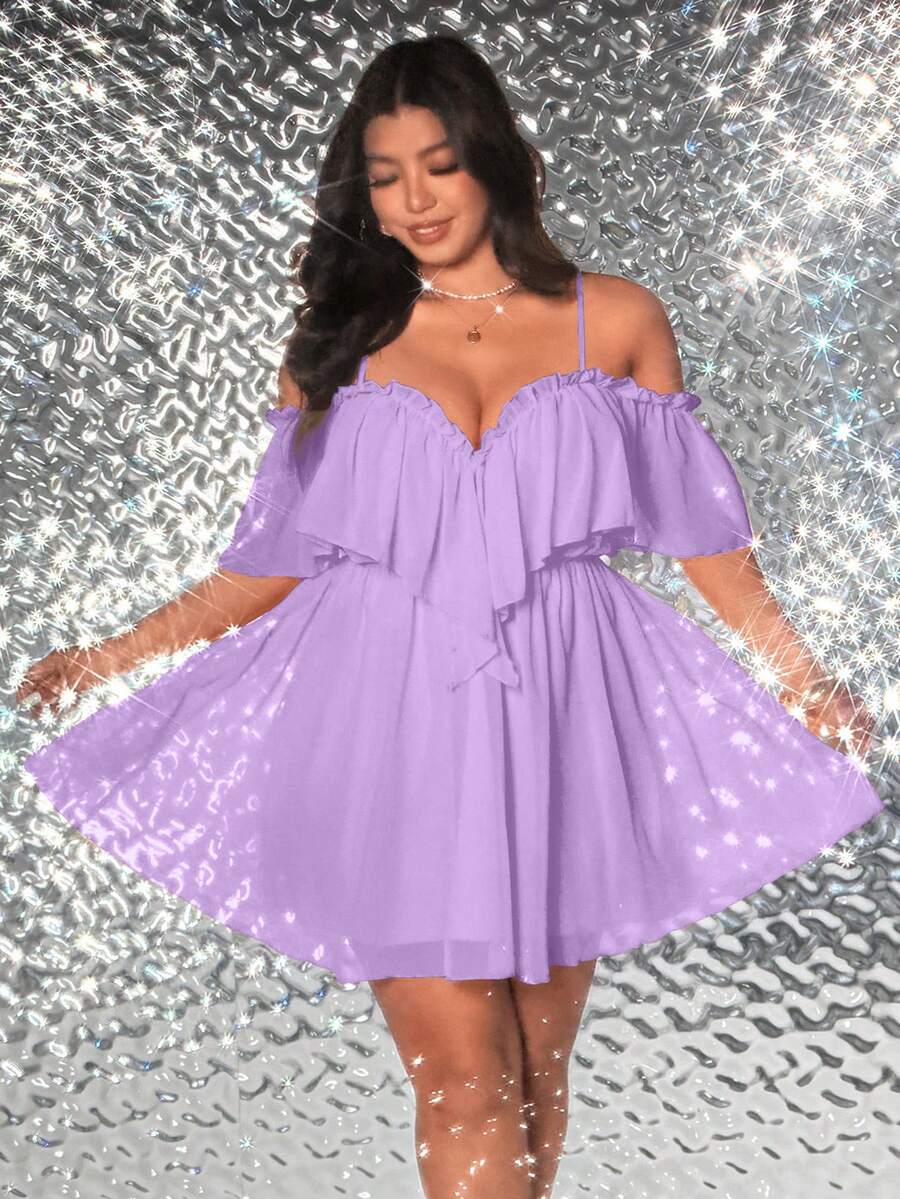 Viva Relle Plus Size Women's Solid Color Off-Shoulder Elegant Ruffled Hem Dress - Mauve Purple - View 1