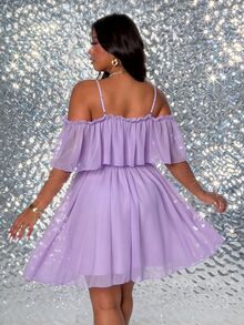 Viva Relle Plus Size Women's Solid Color Off-Shoulder Elegant Ruffled Hem Dress - Mauve Purple - View 7