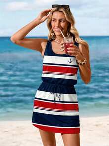 Sylviya Women Navy And White Anchor Print Short Casual Tropical Dress, Suitable For Spring/Summer Going Out,Going Out Dress - Multicolor - View 9