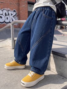 Young Boy Elastic Waist Straight Leg Jeans - Dark Wash - View 7