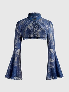 ROMWE Goth 春夏嘉年華派對休閒黑色大尺碼哥德風蕾絲拼接前開襟喇叭袖上衣 - 藍色 - 查看 1