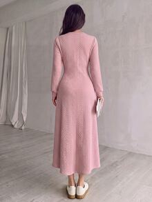 Modelyn 秋季/紋理提花圓領長袖洋裝，3顆鈕扣，休閒浪漫寬鬆喇叭下擺，早午餐穿搭，灰粉色 - 藕粉色 - 查看 7