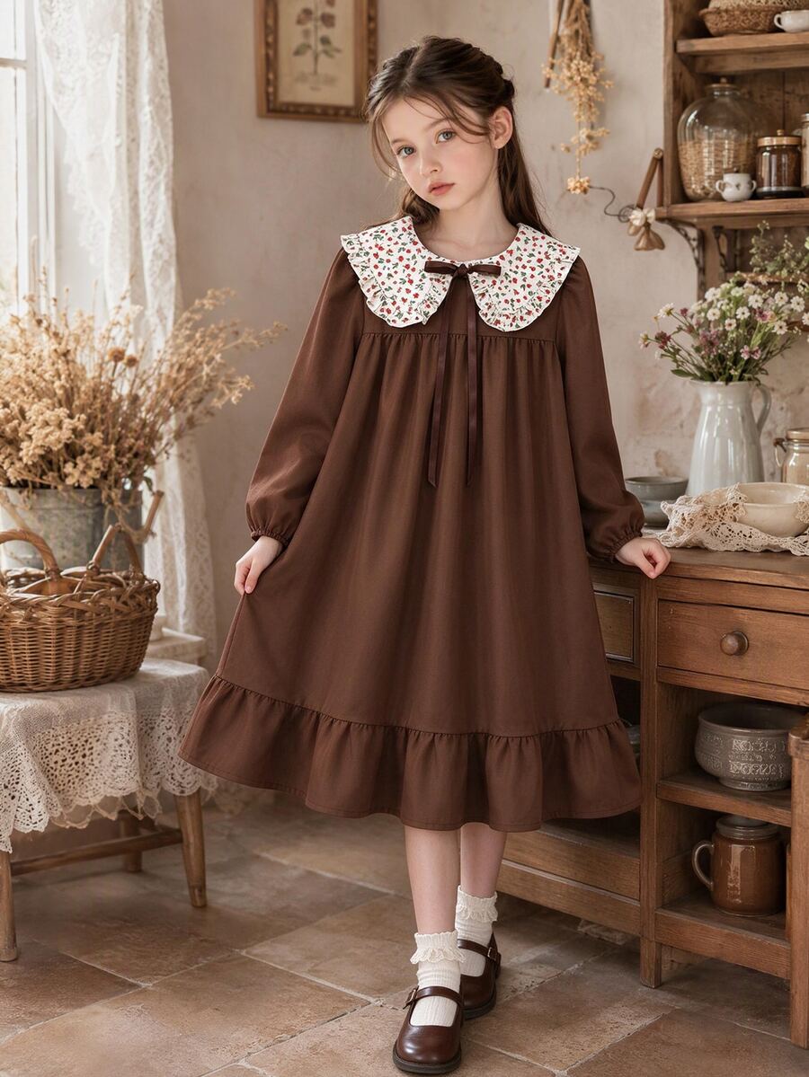 SHEIN Girls' Brown Gentle Style Cute Floral Print Long Sleeve Pullover Dress, Loose Fit, Suitable For Vacation Graduation, Parties, Fall Thanksgiving - Brown - View 1