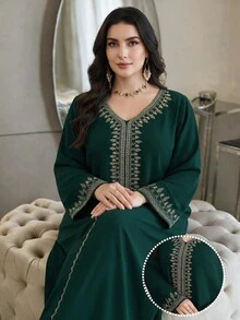 Al Najma 大尺碼女款土耳其式端莊正式長洋裝 阿拉伯傳統 Abaya 派對婚禮杜拜度假洗禮賓客穿搭 祖母綠 秋季 - 墨綠色 - 查看 1