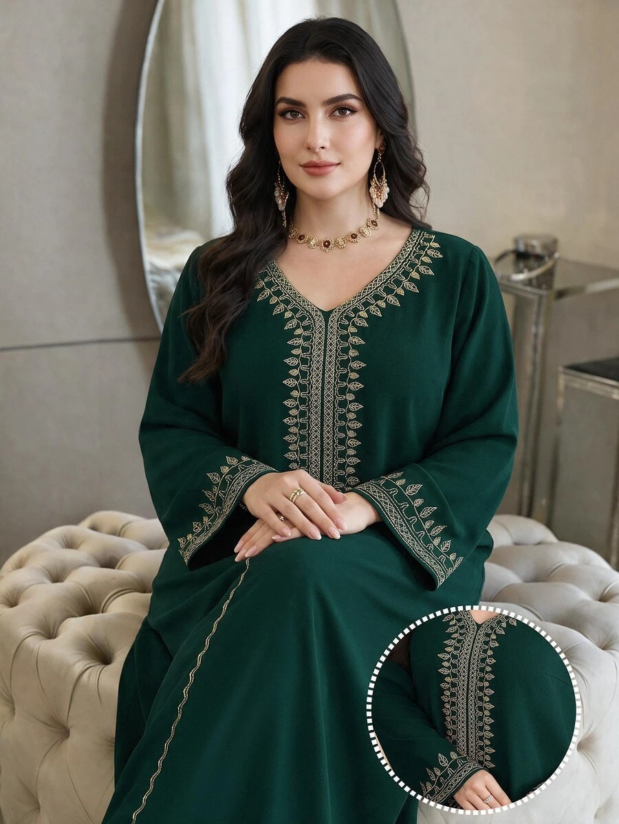 Al Najma 大尺碼女款土耳其式端莊正式長洋裝 阿拉伯傳統 Abaya 派對婚禮杜拜度假洗禮賓客穿搭 祖母綠 秋季 - 墨綠色 - 查看 1