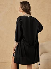 HautHeat Women's Sweet Lace Nightgown And Robe Pajama Set - Black - View 3