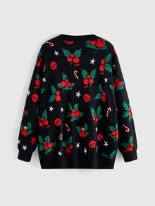 ROMWE Plus Size Women Gothic Style Christmas Skull, Cherry, Gift Box, Candy Cane, Star Pattern Loose Casual Cardigan Sweater - Black - View 2