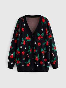 ROMWE Plus Size Women Gothic Style Christmas Skull, Cherry, Gift Box, Candy Cane, Star Pattern Loose Casual Cardigan Sweater - Black - View 1