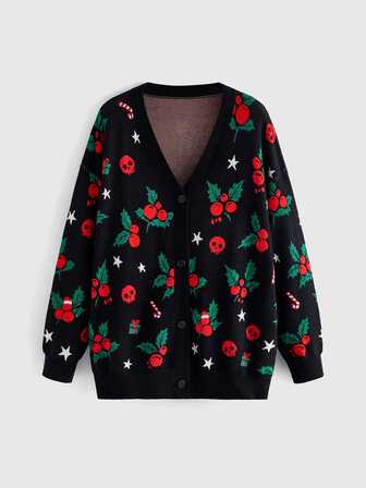 Damen Große Größen Gothic Stil Weihnachts-Schädel, Kirsche, Geschenkbox, Zuckerstange, Stern Muster lockerer lässiger Strickjacke Pullover