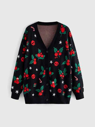 Goth Cardigan casual ampio da donna taglie forti stile gotico natalizio con motivo teschio, ciliegia, scatola regalo, bastoncino di zucchero e stella