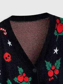 ROMWE Plus Size Women Gothic Style Christmas Skull, Cherry, Gift Box, Candy Cane, Star Pattern Loose Casual Cardigan Sweater - Black - View 3