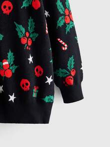 ROMWE Plus Size Women Gothic Style Christmas Skull, Cherry, Gift Box, Candy Cane, Star Pattern Loose Casual Cardigan Sweater - Black - View 4