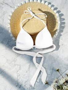 SHEIN Swim Women's Summer Beach Solid Color White Halter Neck Low-Cut Bikini Top (Removable Knotted Strap, PUSH UP, Wireless), Beach Accessories - White - View 3