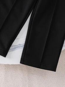 SHEIN 男童春秋純色條紋簡約休閒風無圖案修身 Polo 領半拉鍊長袖套頭上衣搭配長褲套裝 S - 黑色 - 查看 8