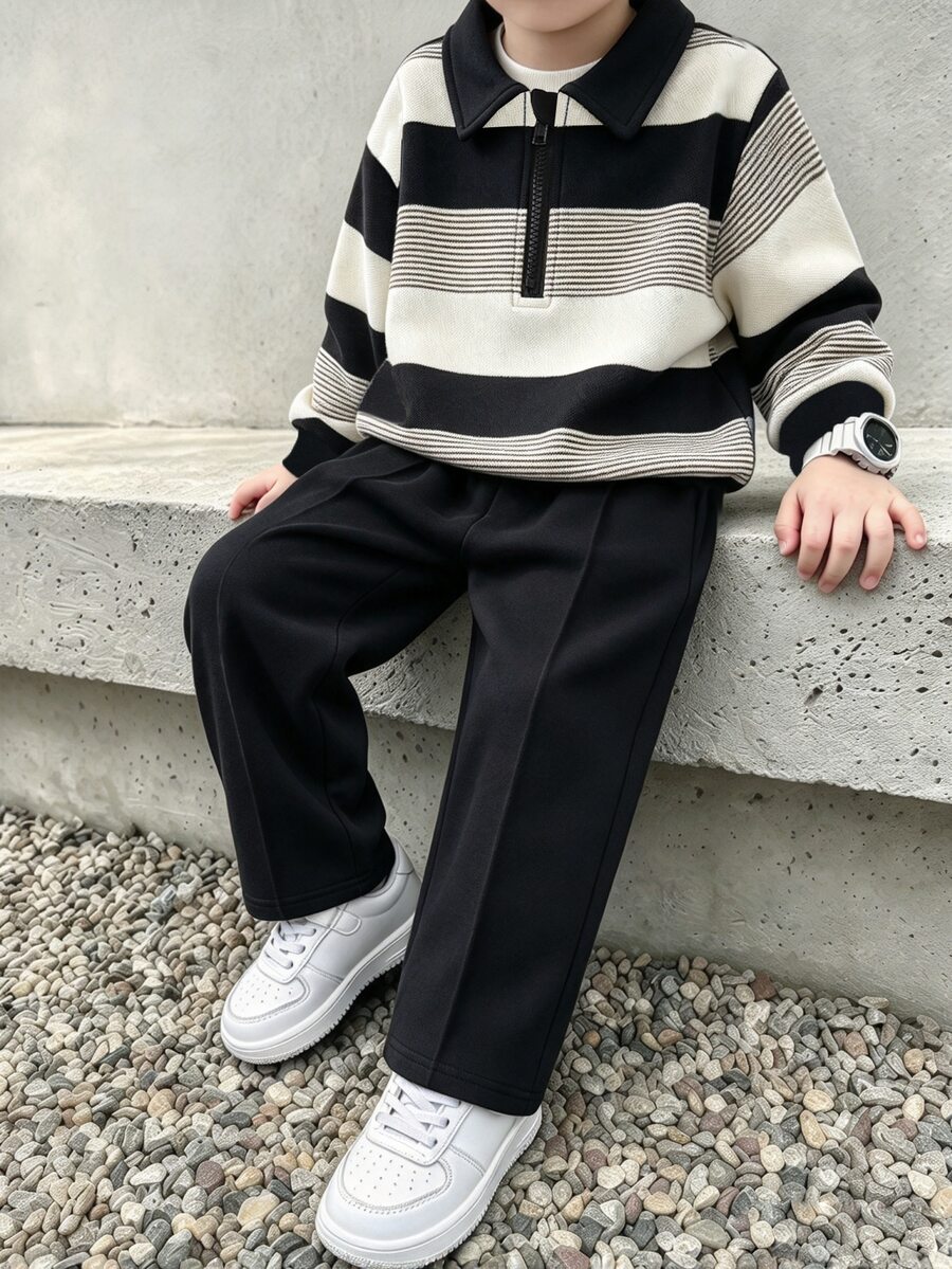 SHEIN 男童春秋純色條紋簡約休閒風無圖案修身 Polo 領半拉鍊長袖套頭上衣搭配長褲套裝 S - 黑色 - 查看 1