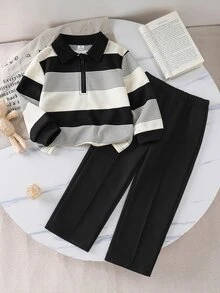 SHEIN 男童春秋純色條紋簡約休閒風無圖案修身 Polo 領半拉鍊長袖套頭上衣搭配長褲套裝 S - 黑色 - 查看 2