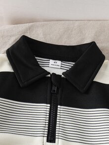 SHEIN 男童春秋純色條紋簡約休閒風無圖案修身 Polo 領半拉鍊長袖套頭上衣搭配長褲套裝 S - 黑色 - 查看 4