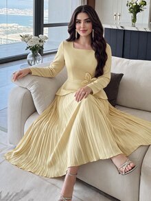 Modelyn Women's Elegant Square Collar Floral Decor Pleated Hem Dress, Spring/Autumn - Butter Yellow - View 4