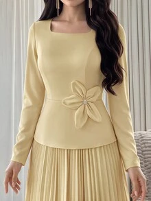 Modelyn Women's Elegant Square Collar Floral Decor Pleated Hem Dress, Spring/Autumn - Butter Yellow - View 6