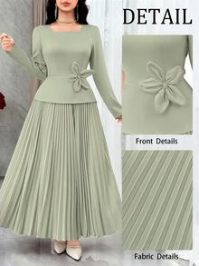 Modelyn Gaun Lipit Wanita Elegan Warna Polos dengan Dekorasi Bunga 3D - Hijau - View 2