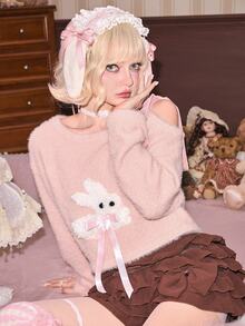 ROMWE Autumn/Winter Faux Mink Yarn Kawaii Rabbit Doll Decor Asymmetrical Shoulder Bow-Knot Cropped Pullover Sweater For Women - Pink - View 1